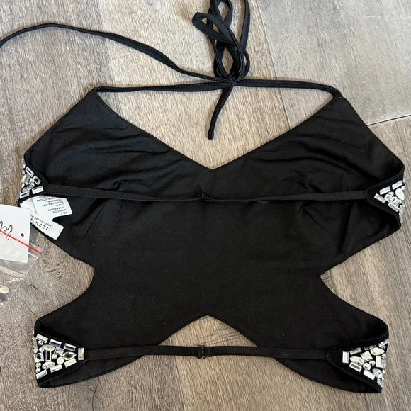 12th Tribe Black and Silver Beaded Crop Top/Butterfly Top - Picture 4 of 5